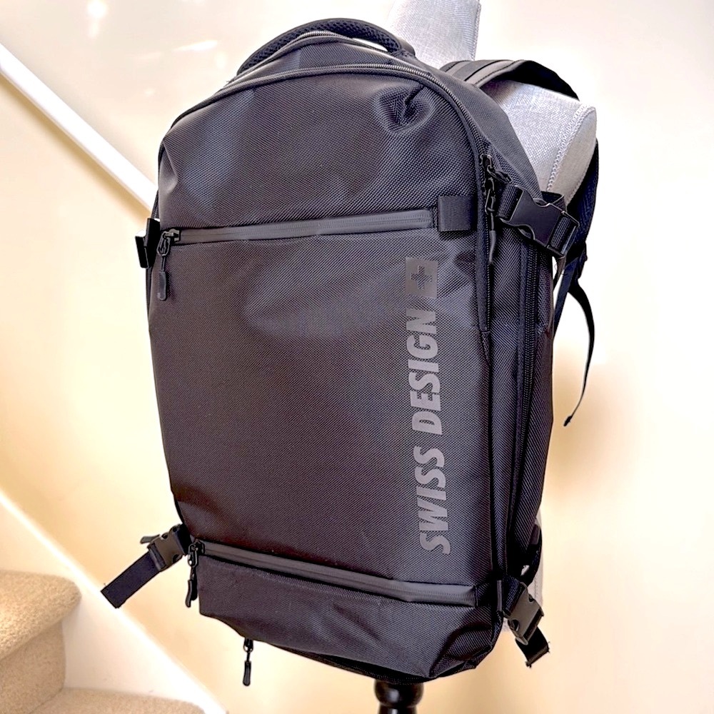 NEW* Men's Swiss Design Black Travel Backpack.  7 seperate storage compartments.